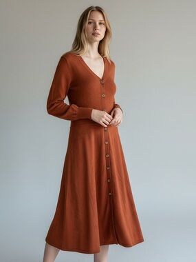 Nina Leonard Long-Sleeve V-Neck Button Front Dress — Rust